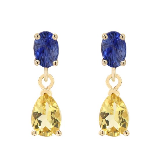 Cute Small Dangle Earrings 14k Yellow Gold Blue Sapphire and Yellow Citrine - Picture 4 of 9
